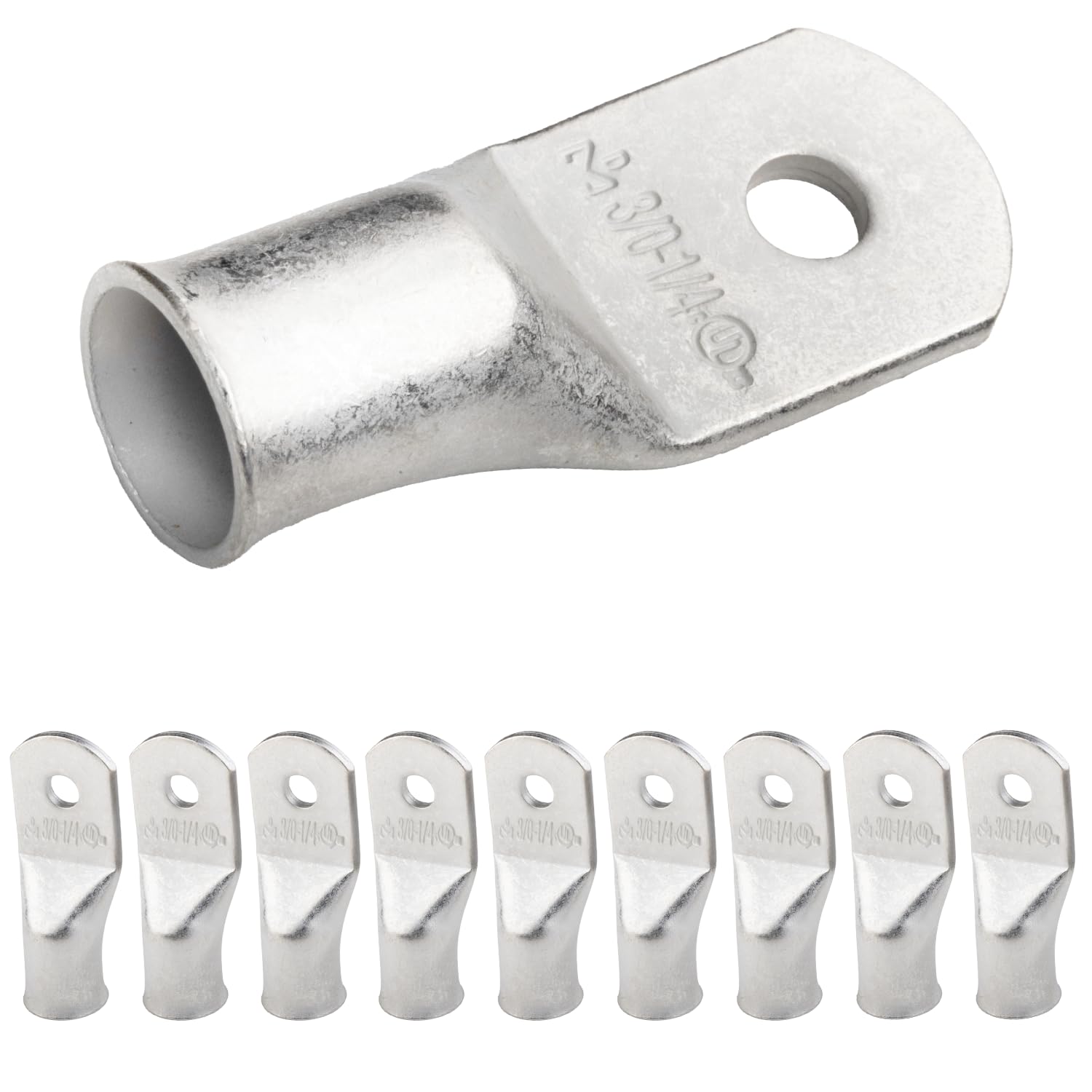 SELTERM 3/0 AWG - 1/4" (M6) ⌀ Hole UL Marine Grade Wire Lugs, Battery Cable Ends, Tinned Copper Eyelets, Tubular Ring Terminal Connectors [B84] - 10 Pack — image 1