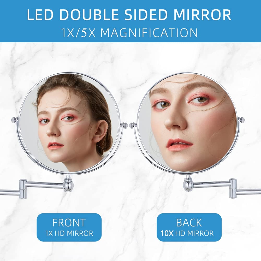 Dowry Espejo Maquillaje Pared Baño Espejo Aumento x10 Plata Espejos para Afeitado Extensible Espejo de Doble Cara,Diámetro 8 Pulgadas