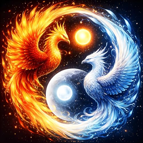 DPHERO 5D Phénix Diamond Painting Kits, DIY Yin Yang Tai-chi Art du Diamant Painting Kit Complet, Soleil et Lune Kits de Peinture sur Diamant Point de Croix...