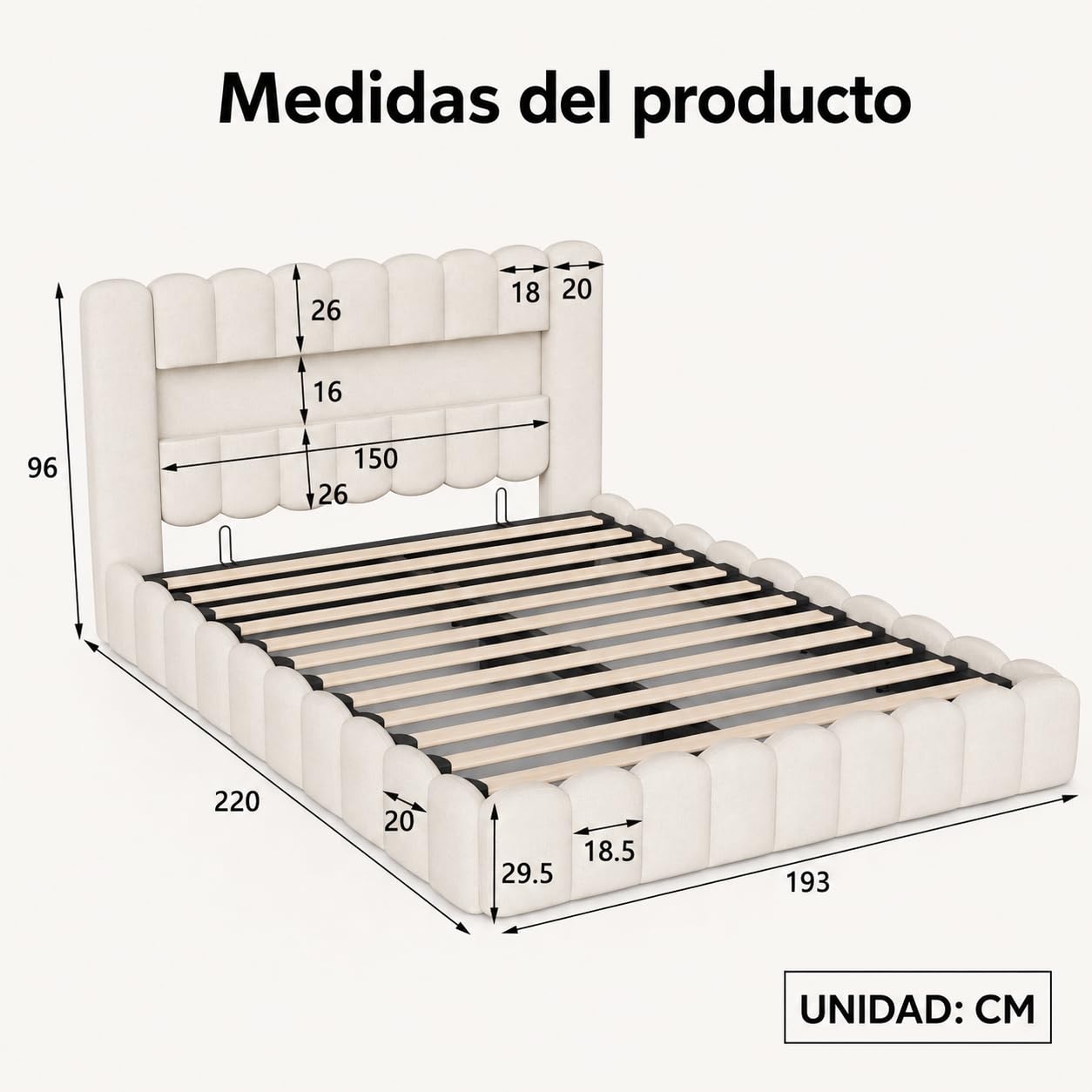 Cama Canapé Abatible 180x200cm con Almacenaje Hidráulico, Cama Matrimonio Tapizada con LED, USB y Tipo C, Cabecero Acolchado con Estante, Somier de Láminas Incluido, Lino Beige, Sin colchón