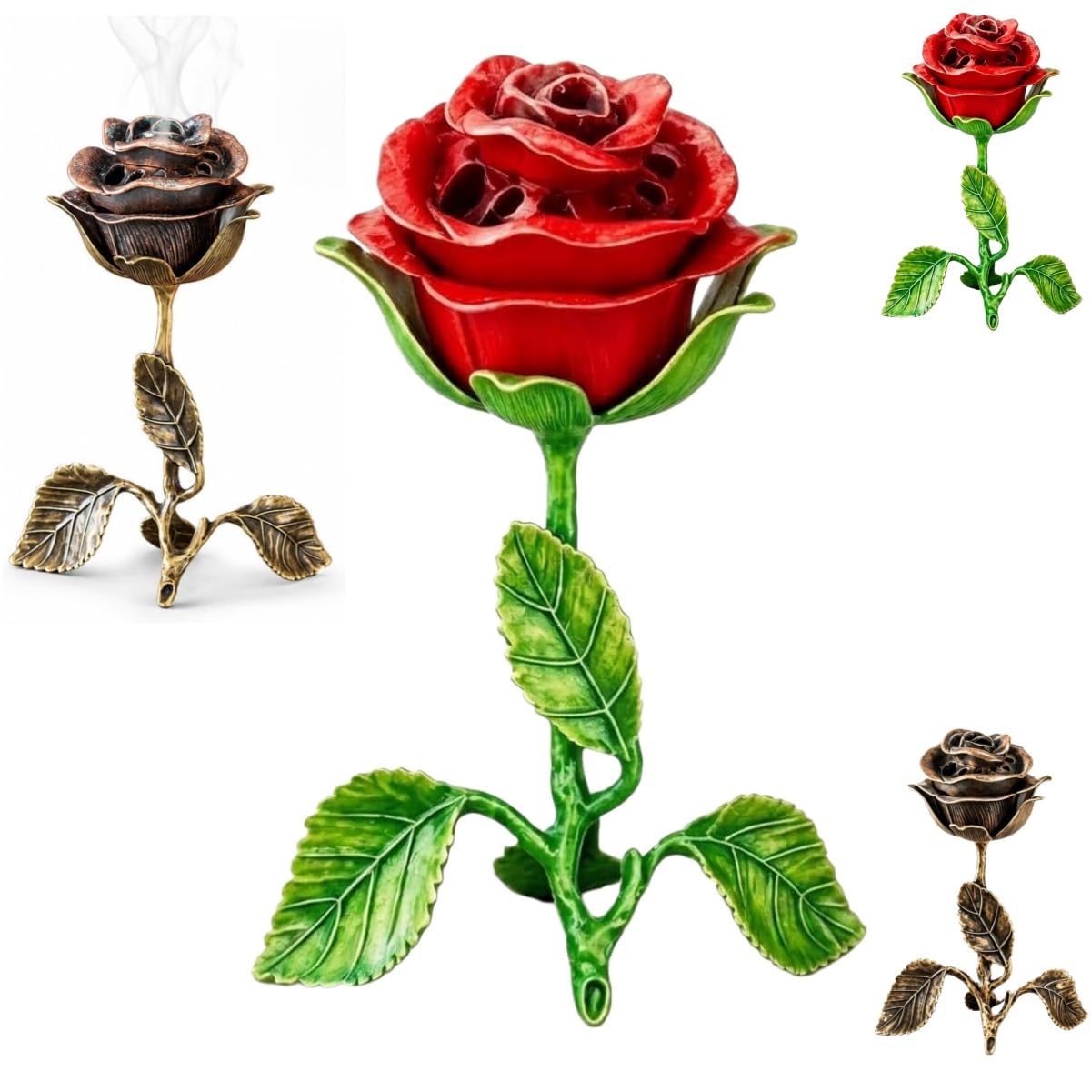 Vintage Rose Incense Burner, Antique Floral Decorated Incense Burner, Metal Material, with Ash Tray, Suitable for Home Decor, Meditation, Yoga, Office, and Bathroom
