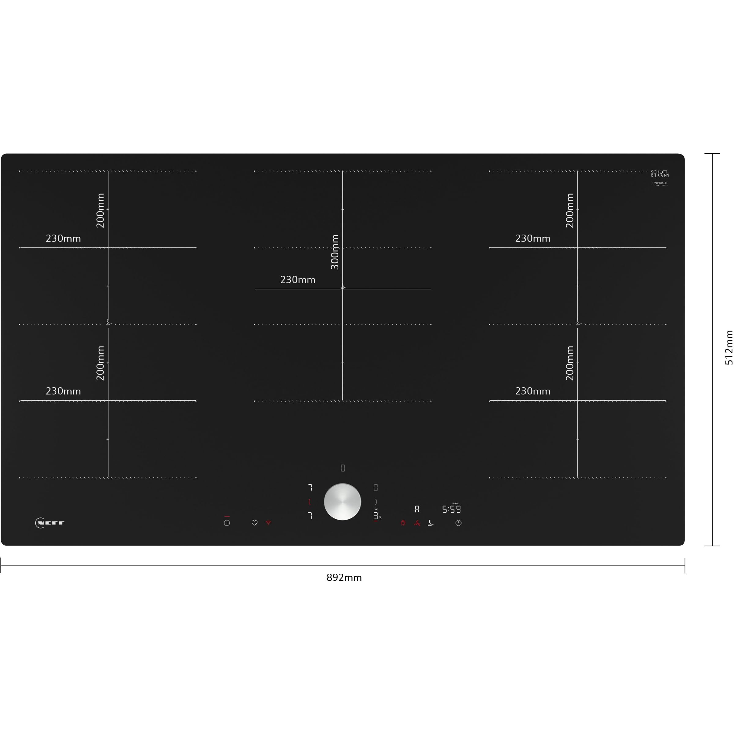 NEFF T69PTX4L0, N 90, Induktionskochfeld autarkes Glaskeramik-Kochfeld 90 cm breit, Twist Pad, Flex Induction, Home Connect, Smart Hood Automatic, flächenbündig, Schwarz
