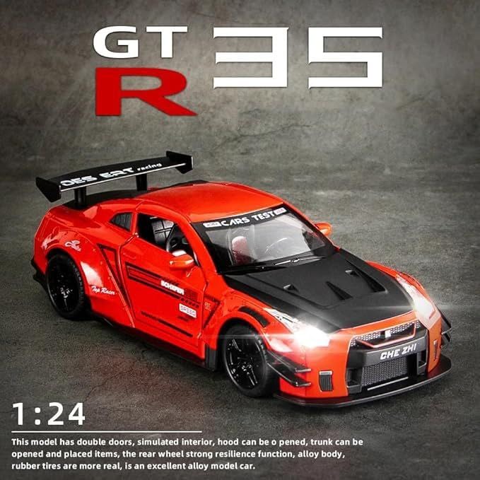 Image of 1:24 Scale Nissaan GTR Model Alloy Metal Pull Back Toy car for Kids with Openable Doors & Light, Music Toy Vehicle for Kids (1:24 Nissaan GTR (Red))