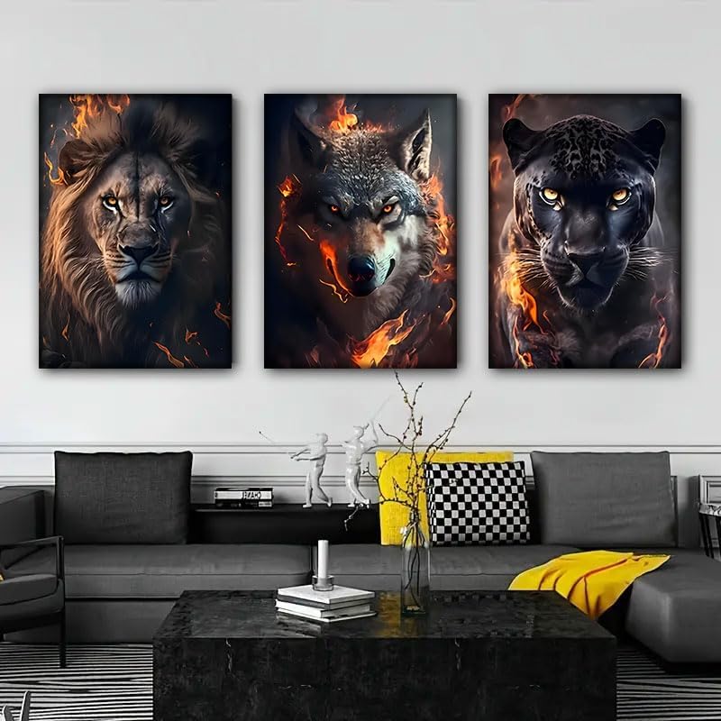 Miniatura 6 de 3 piezas de arte de pared en lienzo de animales con efecto de fuego, león, lobo y jaguar, pintura de animales salvajes, póster, impresiones para