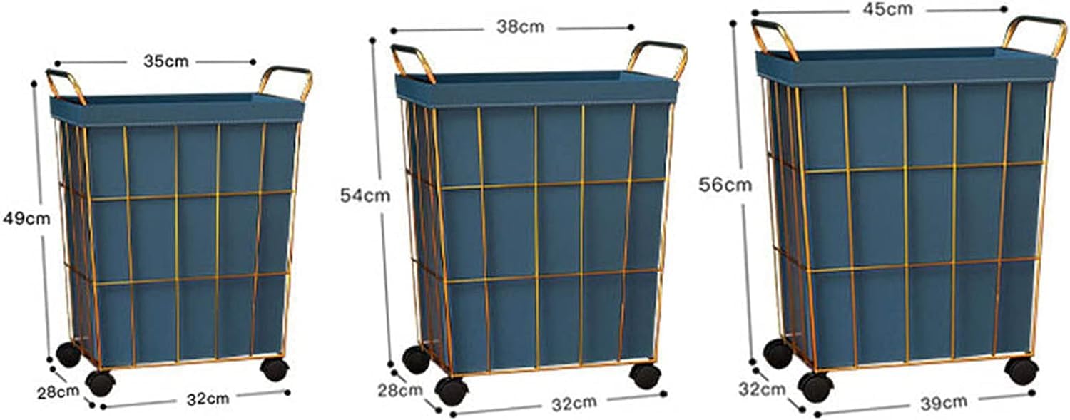 Kosz na Pranie Wasmand van ijzerdraad op wielen, rollende wasmand met lederen voeringzak en handvat, goudkleurige metalen frame wassorteerder met deksel voor slaapkamer Pojemnik