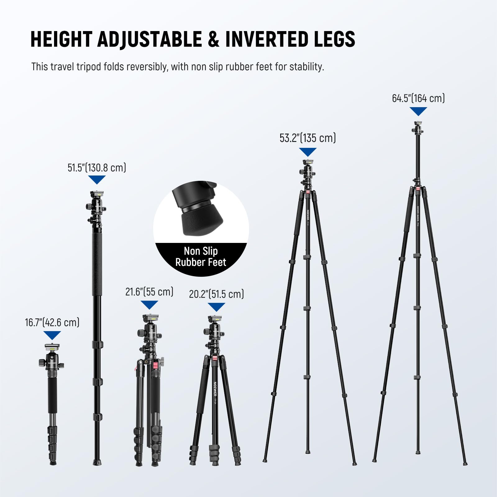 NEEWER BASICS 163.8 cm poziomy statyw monopod do podwójnego aparatu aluminiowy podróżny DSLR stojak na kamerę z uchwytem na telefon komórkowy kompatybilny z iPhone'em do nagrywania wideo, obciążenie