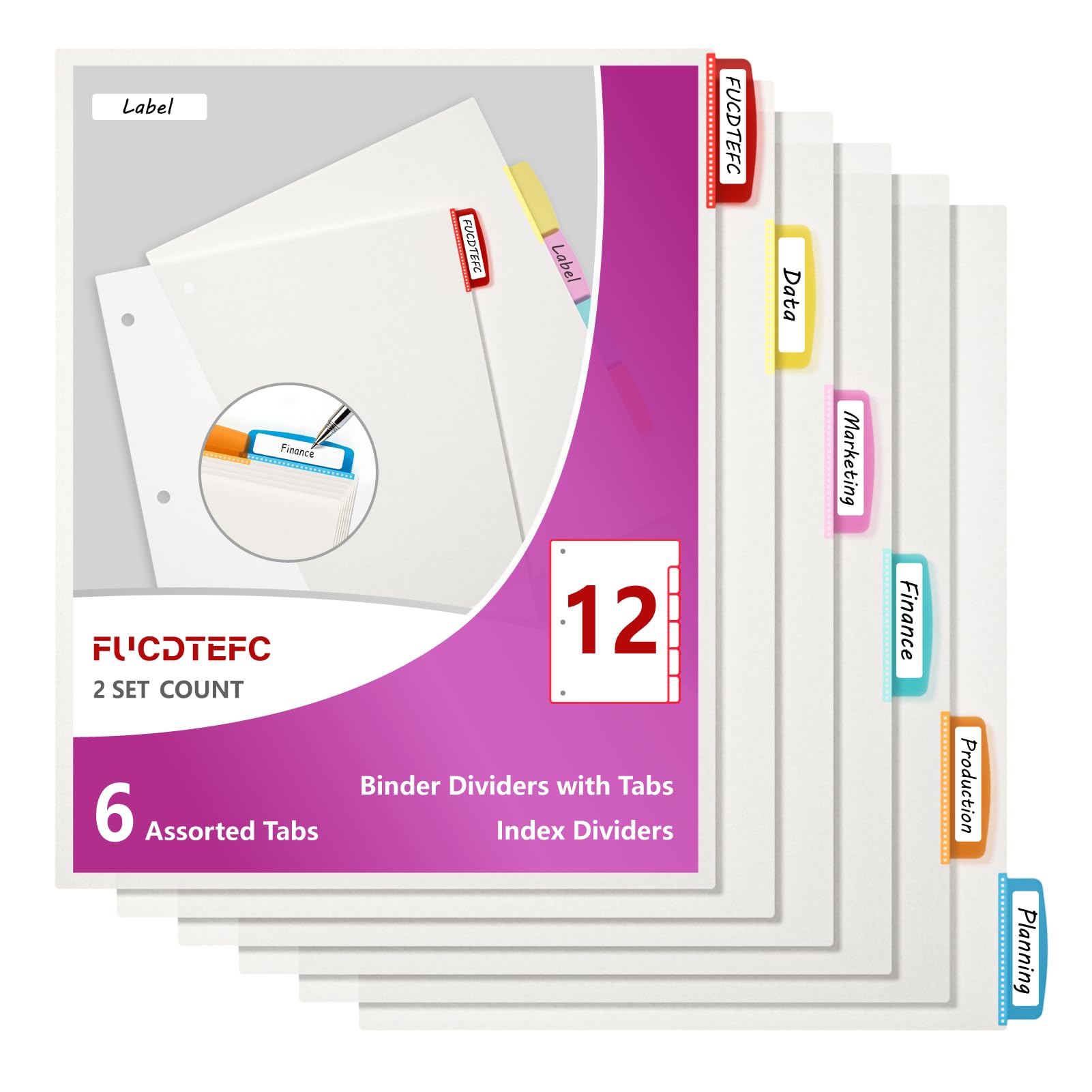 Divisores de carpeta con pestañas, protectores de hojas blancas para carpeta de 3 anillas, separadores de perforaciones de 3 agujeros en 6 protectores de página de pestañas de color, fundas de carpeta