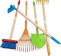 Vista 9 de 7 herramientas de jardinería para niños, pala larga, rastrillo para hojas, pala, azada, cabezas de acero y mango de madera real, herramientas