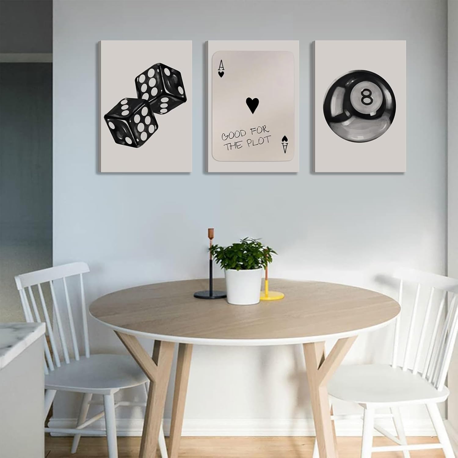 3Pcs Black and White Poker Dice Canvas Wall Art Funky Retro Y2K Trendy Preppy Pictures Lucky 8 Ball Poster Prints Artwork Painting for Game Room Apartment Dorm Aesthetic Decor 12x16in