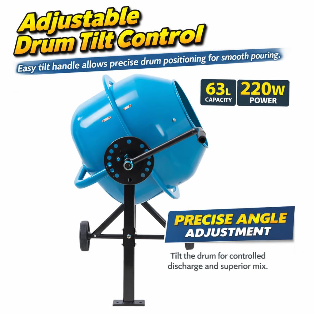 KATSU Tools Betoniera Elettrica 63L - 220W Portatile Malta Cemento Mixer con Ruote, Supporto e Maniglia Ribaltabile, Ideale per Fai Da Te e Costruzione, Modello 167340