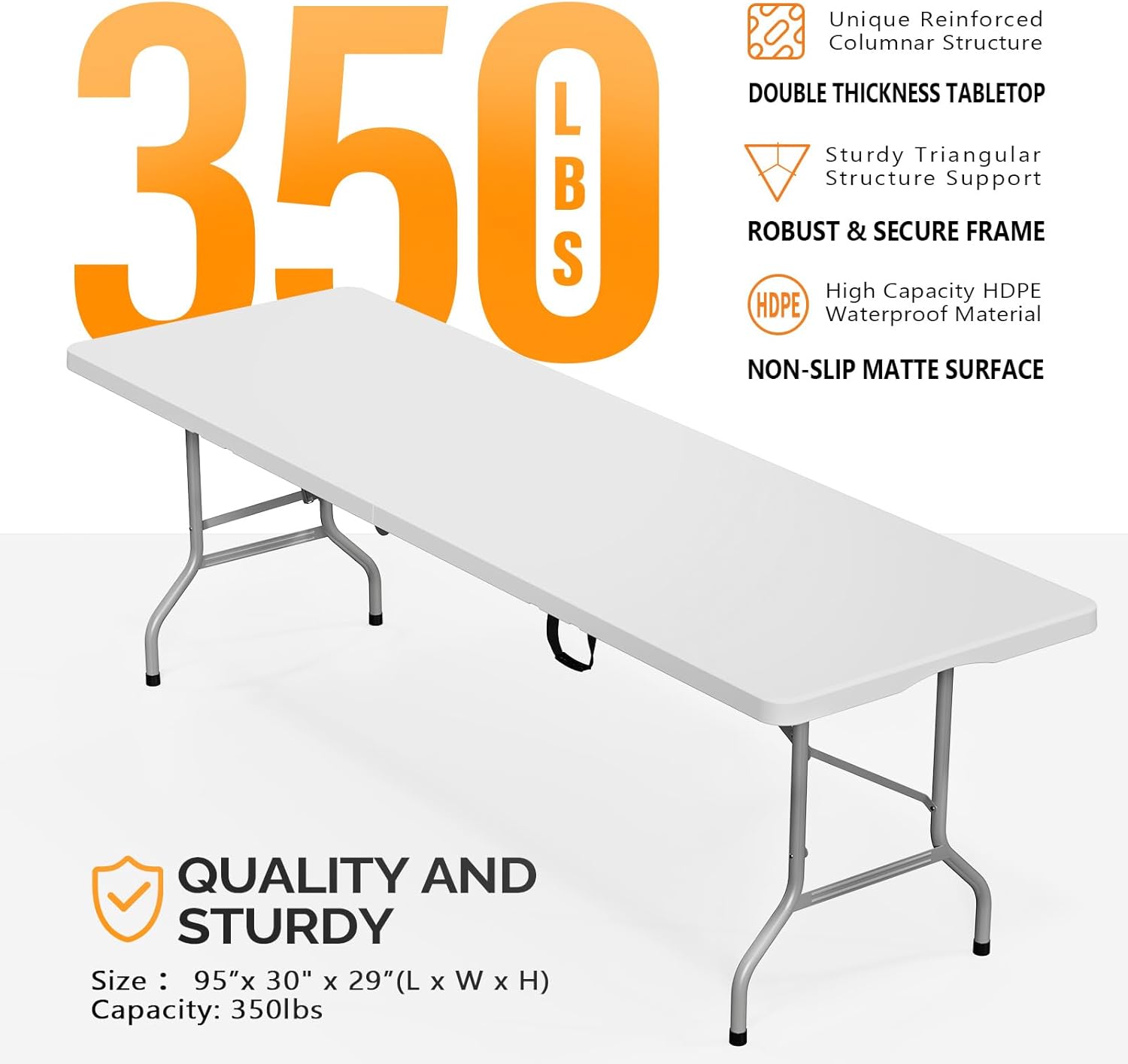 Bonnlo 8ft folding table with key features highlighted: 350 lbs capacity, unique reinforced columnar structure, double thickness tabletop, sturdy triangular structure support, robust and secure frame, high capacity HDPE waterproof material, non-slip matte surface, and dimensions.