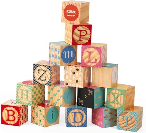Miniatura 1 de Janod Kubix J08078 - 16 bloques de madera del alfabeto y números - Edades 2+