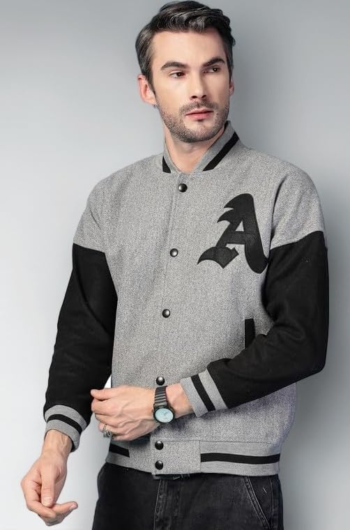 CHKOKKO Men’s Oversized Varsity Jacket with Snap Button Closure and Patch Design Trendy Comfortable Outerwear for College Travel and Casual Wear