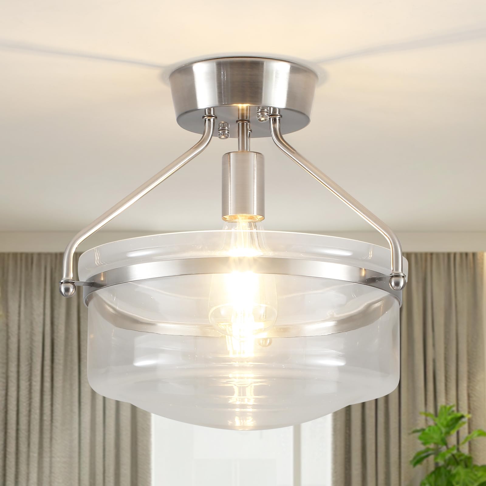 LJHhowe Silver Ceiling Lights Living Room, Chrome Flush Ceiling Light with Glass Lamp Shade, E27 Chandeliers Ceiling Light, Modern Chandelier Ceiling Lights for Kitchen, Hallway, Bedroom, Lounge