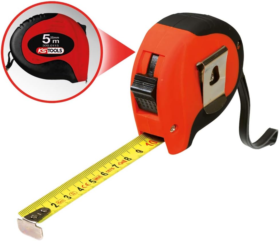 KS Tools 300.0115 Tape measure with locking device and belt clip, black red, 5m, 25mm