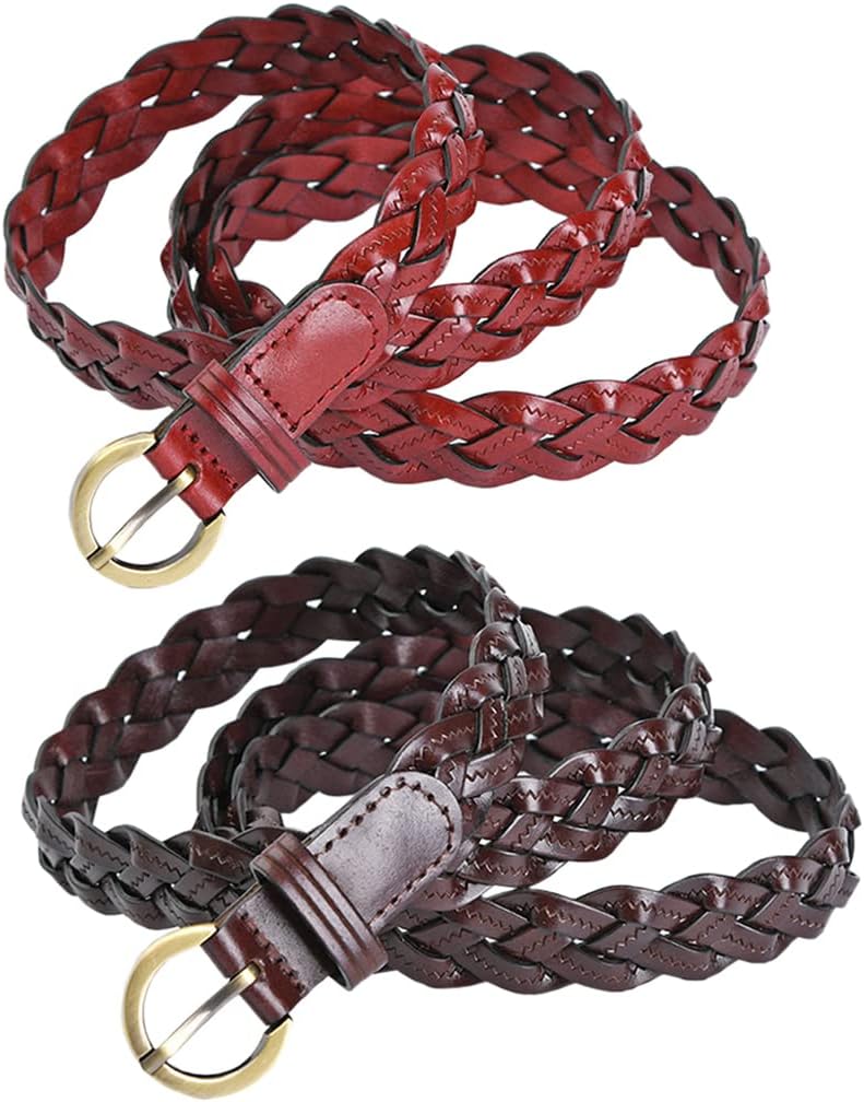 2 Pieces Braided Leather Belt for Women, 20mm Wide Vintage Dresses Waist Belt with Pin Buckle