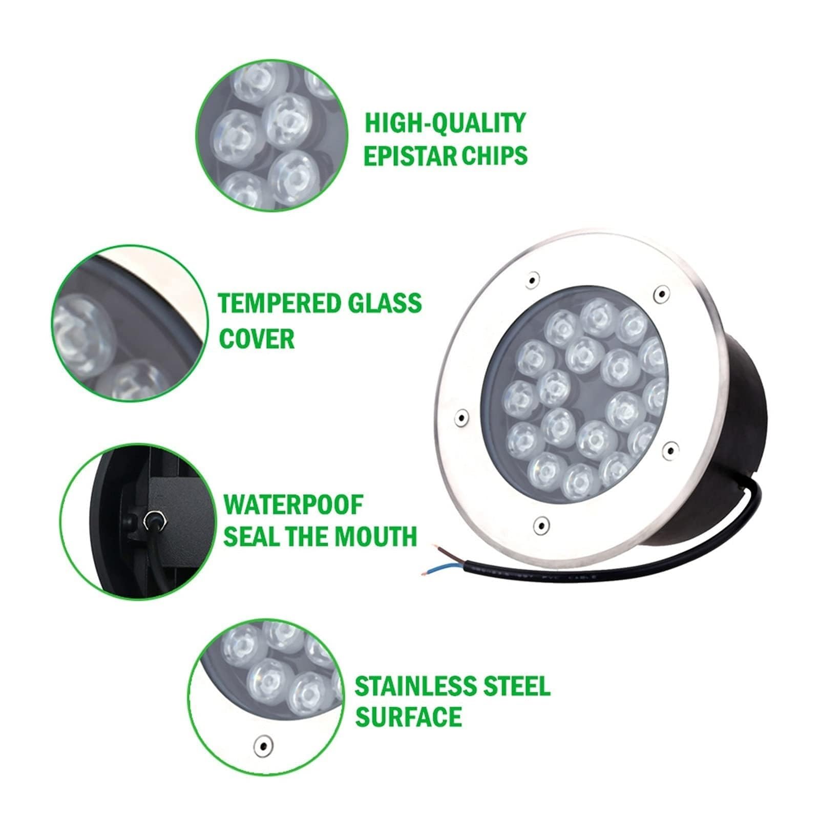 Projecteur LED encastré 12 W pour éclairage paysager, étanche IP67, idéal pour l'éclairage de Chantiers et d'allées.