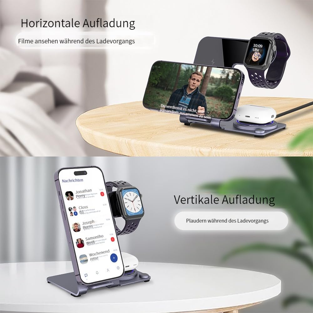 Caricabatterie senza fili in lega di alluminio, 3 in 1 stazione di ricarica wireless per Apple Phone 14, 13, 12, 11 (Pro, ProMax)/XS/X/8 (Plus), iWatch8/7/6/SE/5/4/3/2/:per AirPods 3/2/Pro