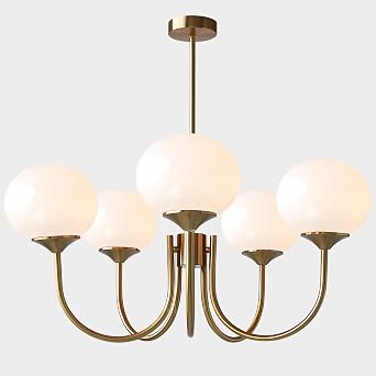 5 Light White Globe Chandelier Small Milk Glass Chandelier Gold Sputnik Ceiling Light Fixture MCM Dining Room Light Fixture Vintage Kitchen Pendant Lights