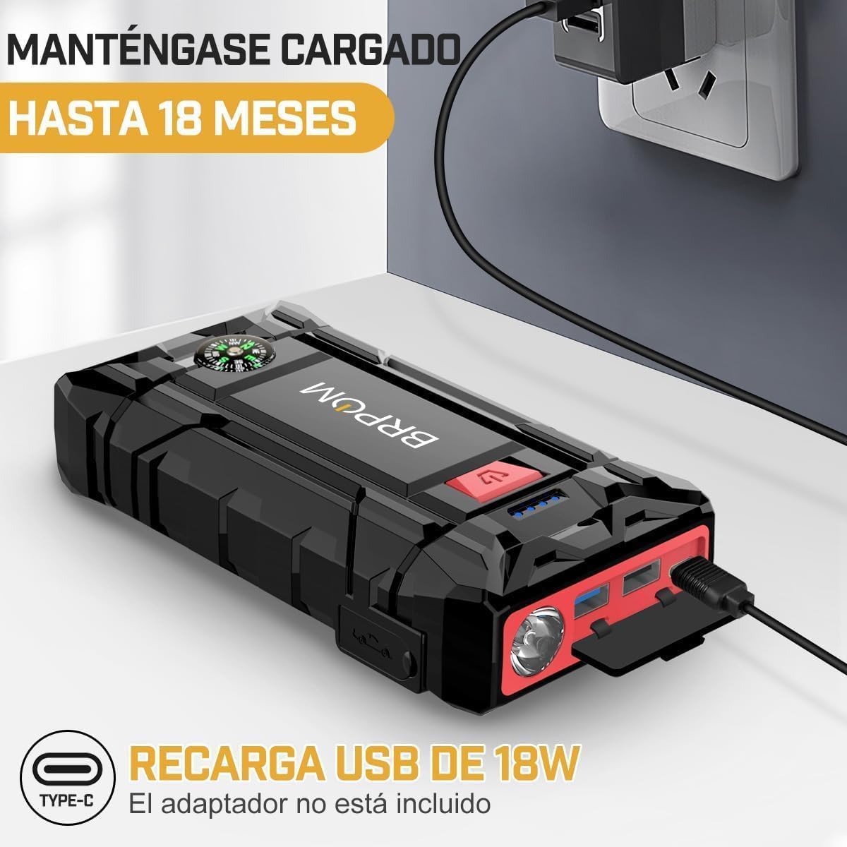 BRPOM Arrancador de Coches, 9000A 21800mAh Arrancador de Baterias de Coche 12V(para 8.0L de Gasolina o 6.5L de Diésel), Jump Starter Portátil, Carga Rápida QC3.0, Espera Larga