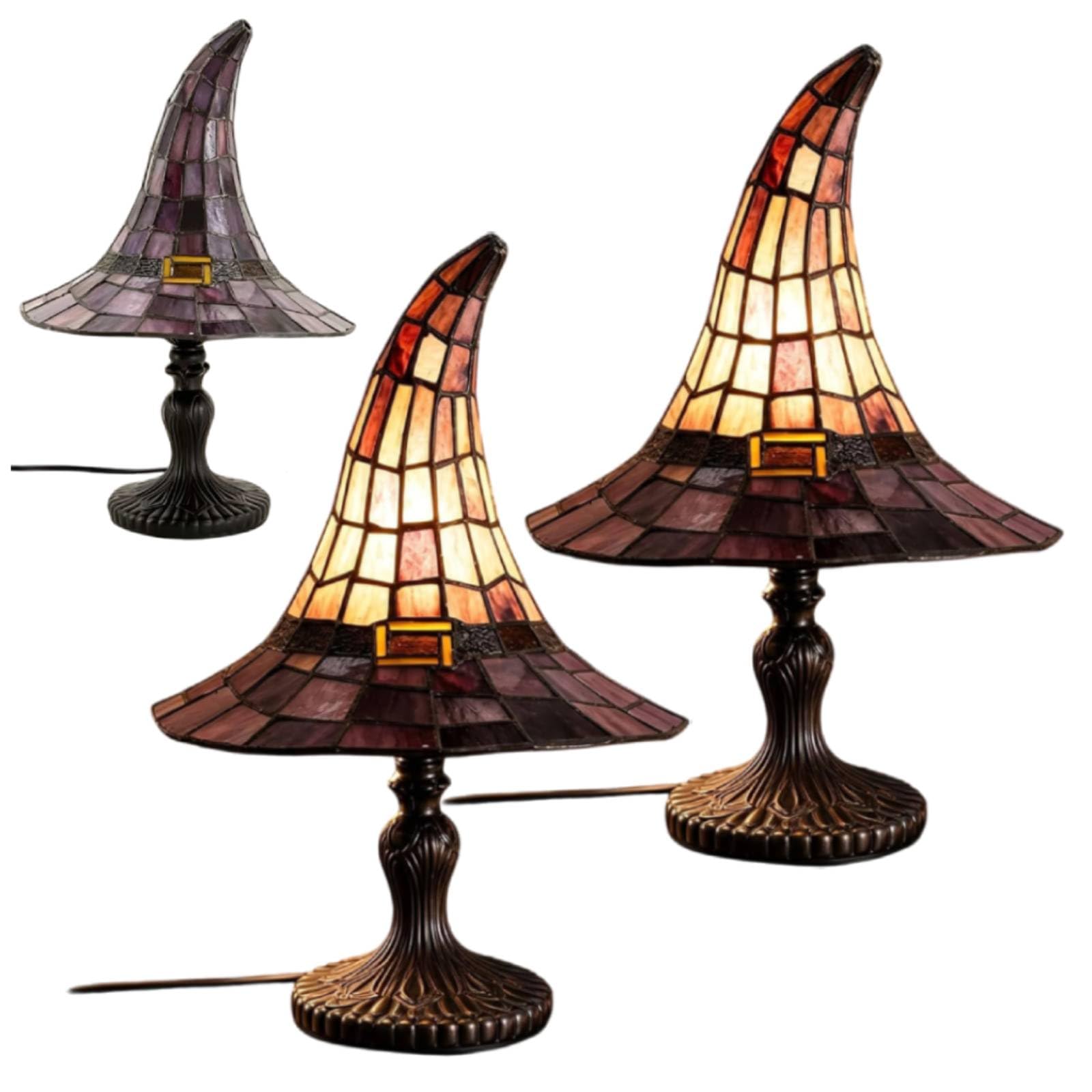 2-Pack Stained Glass Witch Hat Lamp, Handcrafted Retro Resin Witch Lamp, USB Powered, Gothic Wizard Hats Night Light for Bedroom & Bookshelf, Halloween Decorations-2-Pack