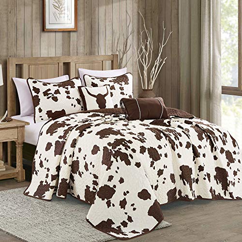 Artistic Home Textiles Cowhide Bedspread Set 5 Piece Western Ranch Style Quilt Set with Decorative Pillows Oversized Microfiber Coverlet Bedding Set (Queen)