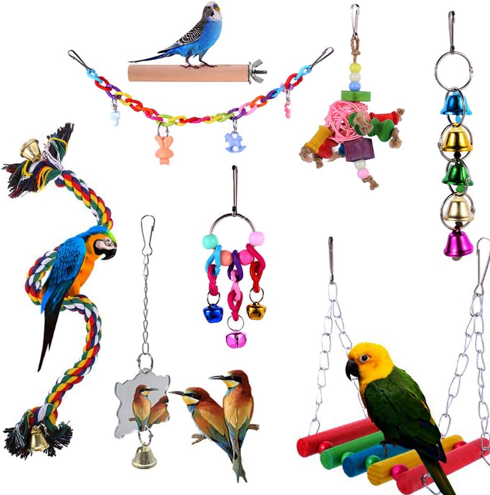Inscape Data 8 Pack Bird Parrot Toys, Bird Swing Chewing Toys Perch Stand Hanging Bell Mirror Climbing Ladders?Bird Cage Toys for Small…