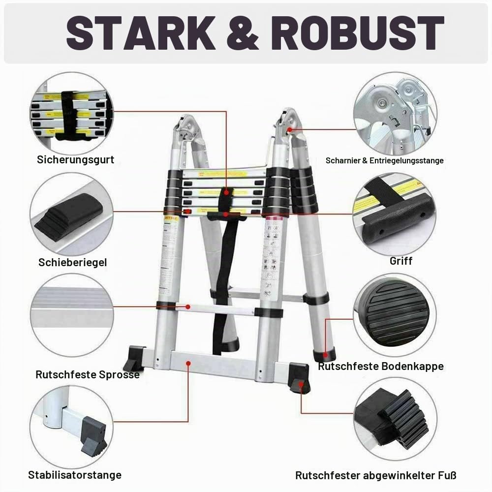 2,5+2,5m Aluminium Klappleiter Teleskopleiter, rutschfest Ausziehleiter Dachbodenleiter Ausziehbar Anlegeleiter, 8+8 Sprossen, Leicht zu Tragen, 150kg Tragkraft