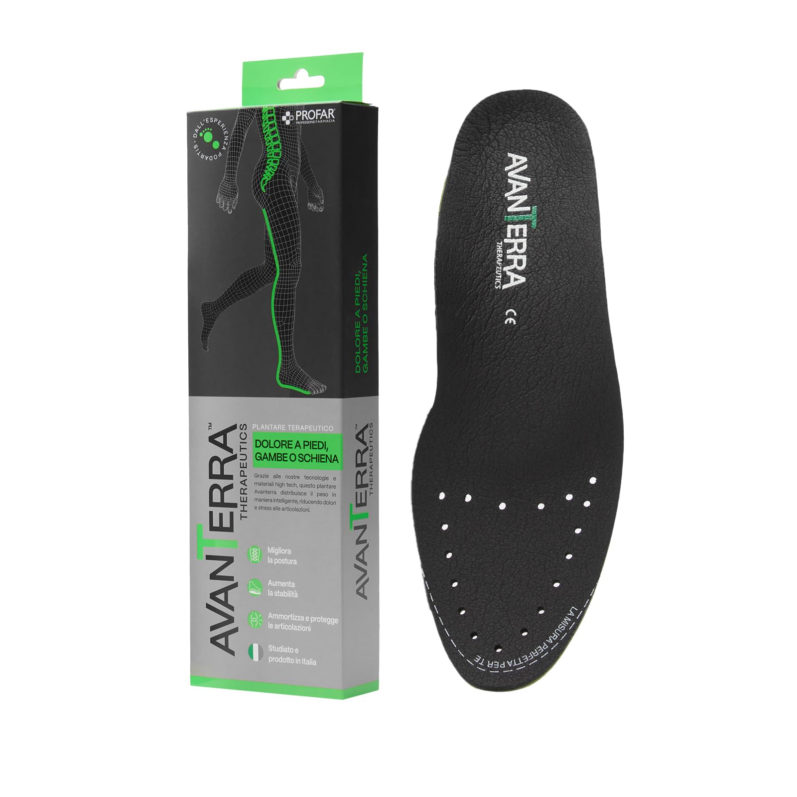 Avanterra Plantare Dolore Long Verde, Terapeutico Anti-Dolore Made in Italy con Drypod Assorbi sudore, Sollievo per Piedi, Gambe, Schiena, Tallonite e Aiuta la Postura. Comfort Tutto il Giorno (43/44)