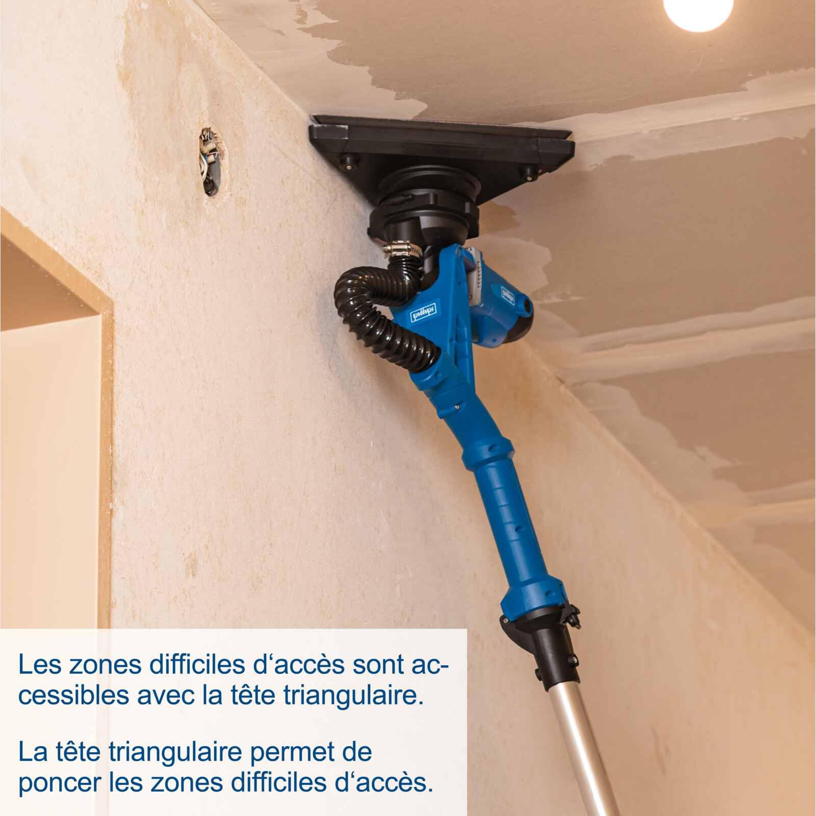 Scheppach Ponceuse Mur & Plafond DS930 | 710 W | Plateau de ponçage Ø215 mm | Télescopique | Tête circulaire ou triangulaire | 4m de tuyau d'aspiration, adaptateurs & abrasifs inclus