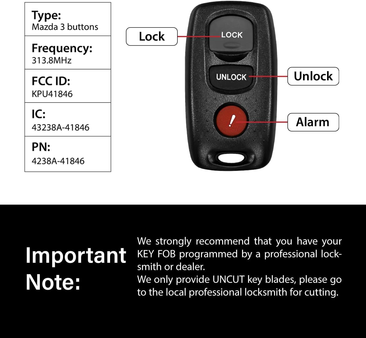Replacement for 2004 2005 2006 2007 2008 Mazda 3 6 Key Fob Remote Control KPU41846 3 Buttons 313.8MHz