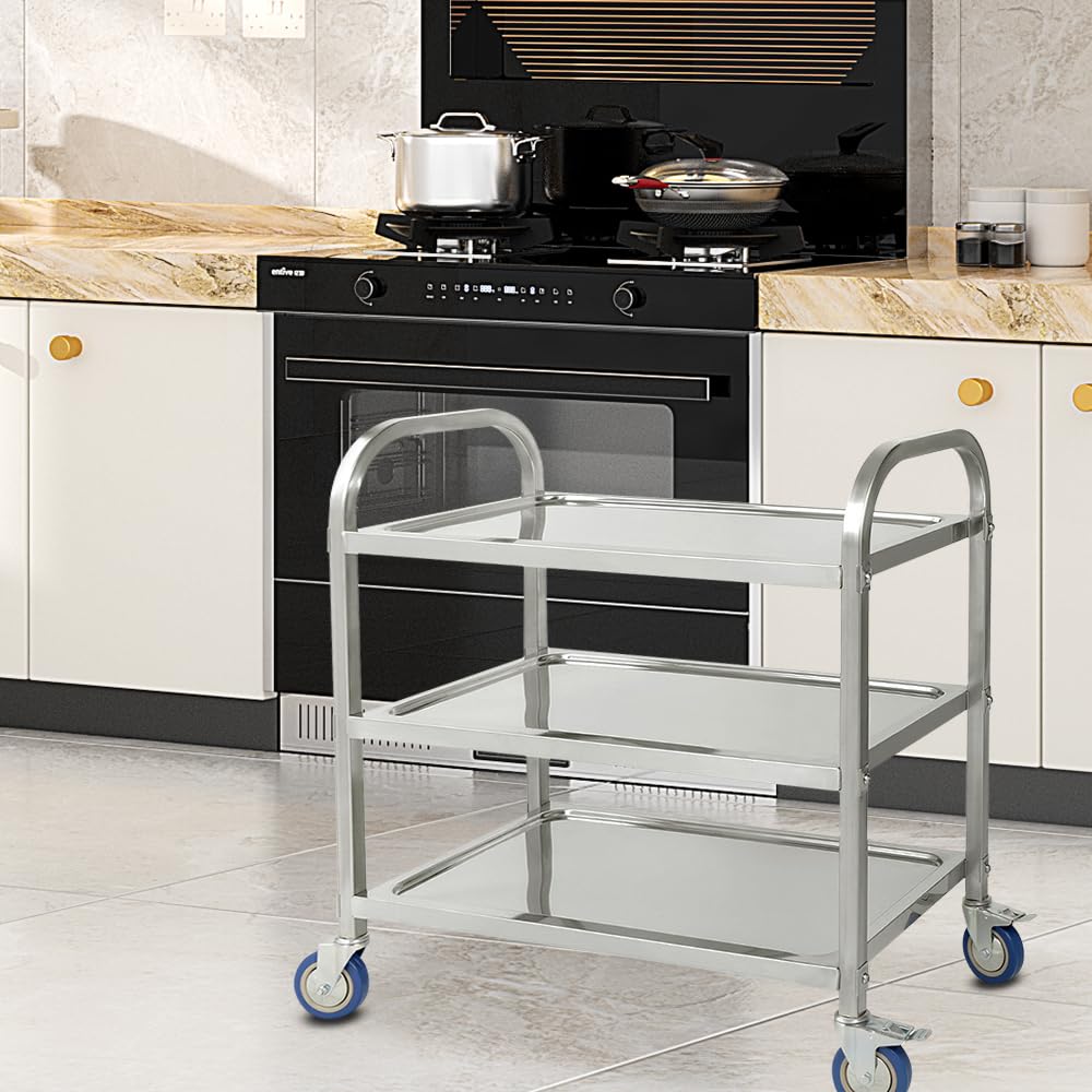 Carrello di servizio, 3 vassoi,Capacità di carico 150 kg,Acciaio INOX,Carrello di servizio,Servizio di cucina in acciaio inox,3 ripiani per sbarazzarsi di ristorazione (95*50*95cm)