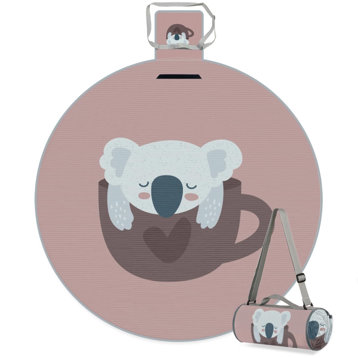 Shimoshe Cup Koala Picnic Outdoor Blanket Foldable Waterproof Sandproof Beach Blanket Portable Water-Resistant Round Picnic Mat for Travel Camping Park Lawn