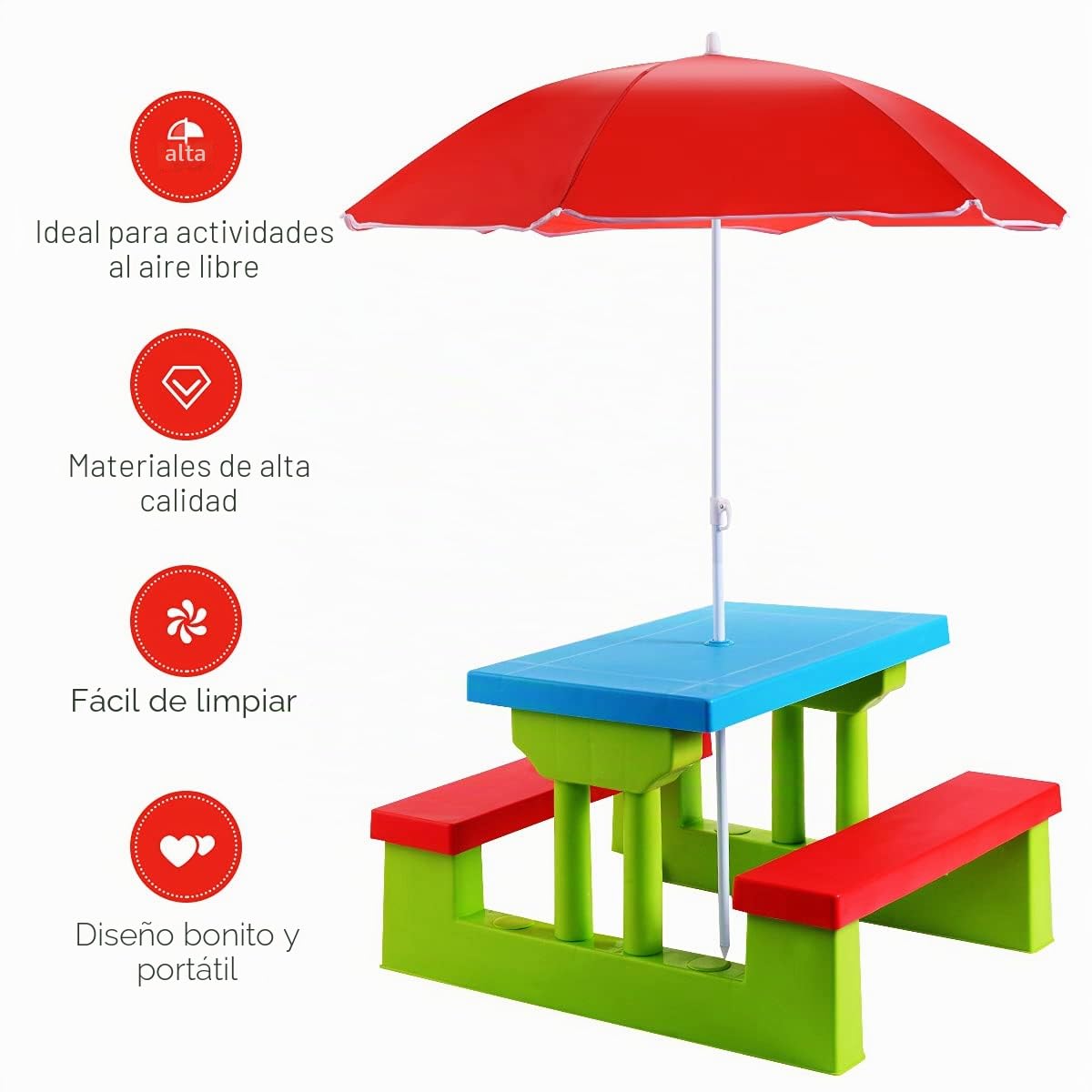 RELAX4LIFE Set de Mesa y Sillas para Niños, Mesa de Picnic con Sombrilla, Mesita y Bancos para Exterior para Jardín, Terraza y Balcón (Modelo 1)