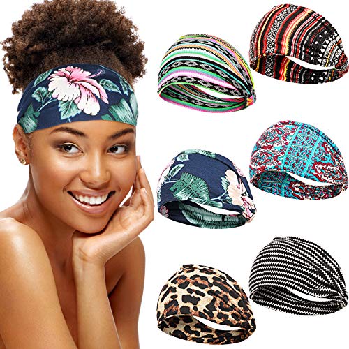 6 Pieces African Headband Boho Headbands Wide Elastic Turban Headband Yoga Running Headbands Sports Workout Hair Bands Stretch Twist Head Wraps Athletic Gym Hair Accessories for Women Girls, 6 Styles