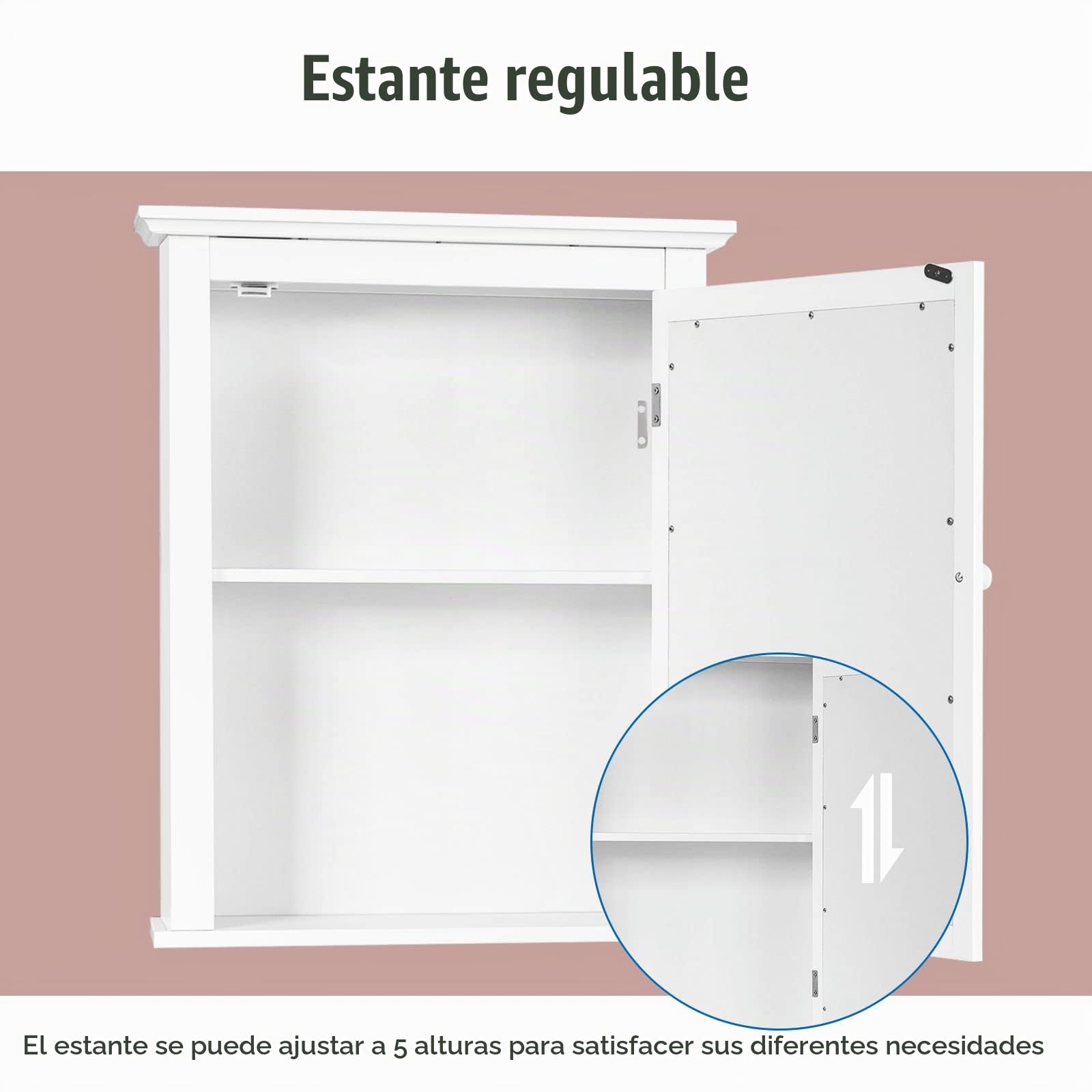 LIFEZEAL Armario con Espejo para Baño, Armario de Pared de Madera, Armario de Pared con Espejo, Organizador con Espejo para Baño con Estante Ajustable en Altura, 56 x 15 x 70 cm (Blanco)
