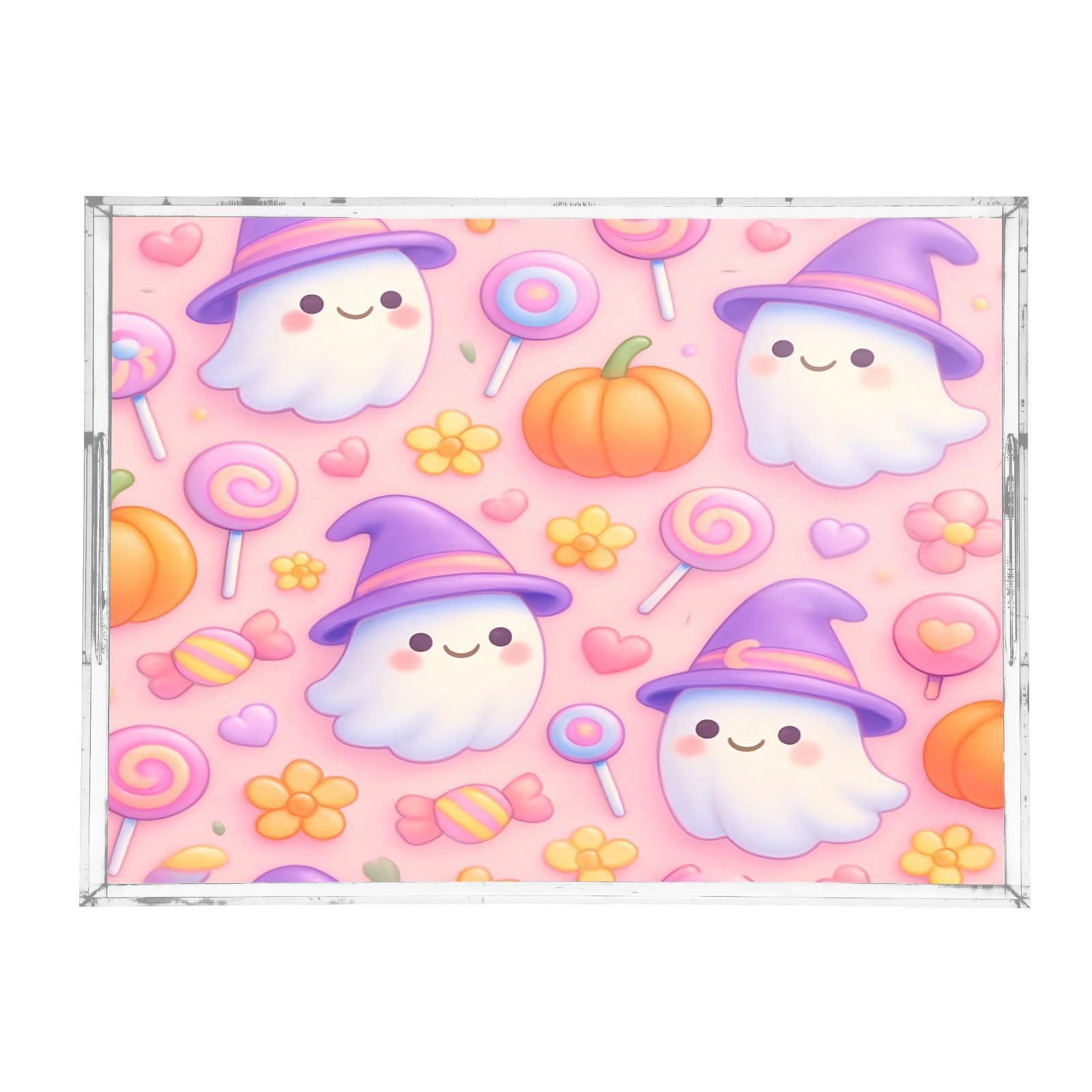 BOESI Cute Ghosts and Pumpkins Acrylic Decorative Dining Tray, Acrylic Decorative Tray Organizer with Handle for Kitchen, Dining Room, Bathroom, Dresser