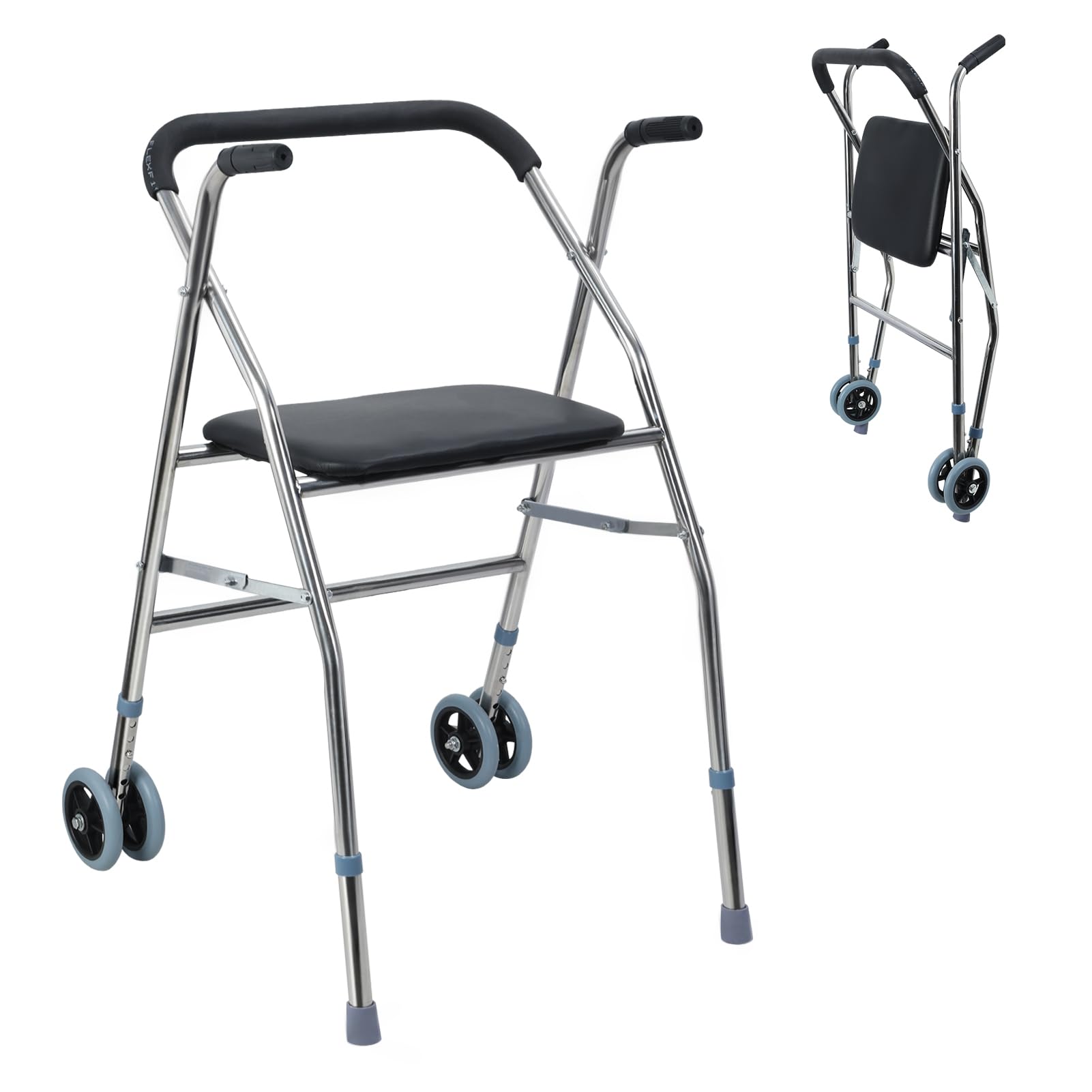 Andadores plegables ligeros para adultos, personas mayores, ancianos, espacios pequeños, caminadores estrechos, caminador plegable de viaje, andador plegable con ruedas, color plateado