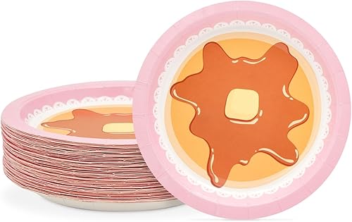 BLUE PANDA Platos de papel de panqueques para fiesta de pijama, decoraciones de brunch de cumpleaños (7 pulgadas, paquete de 48)