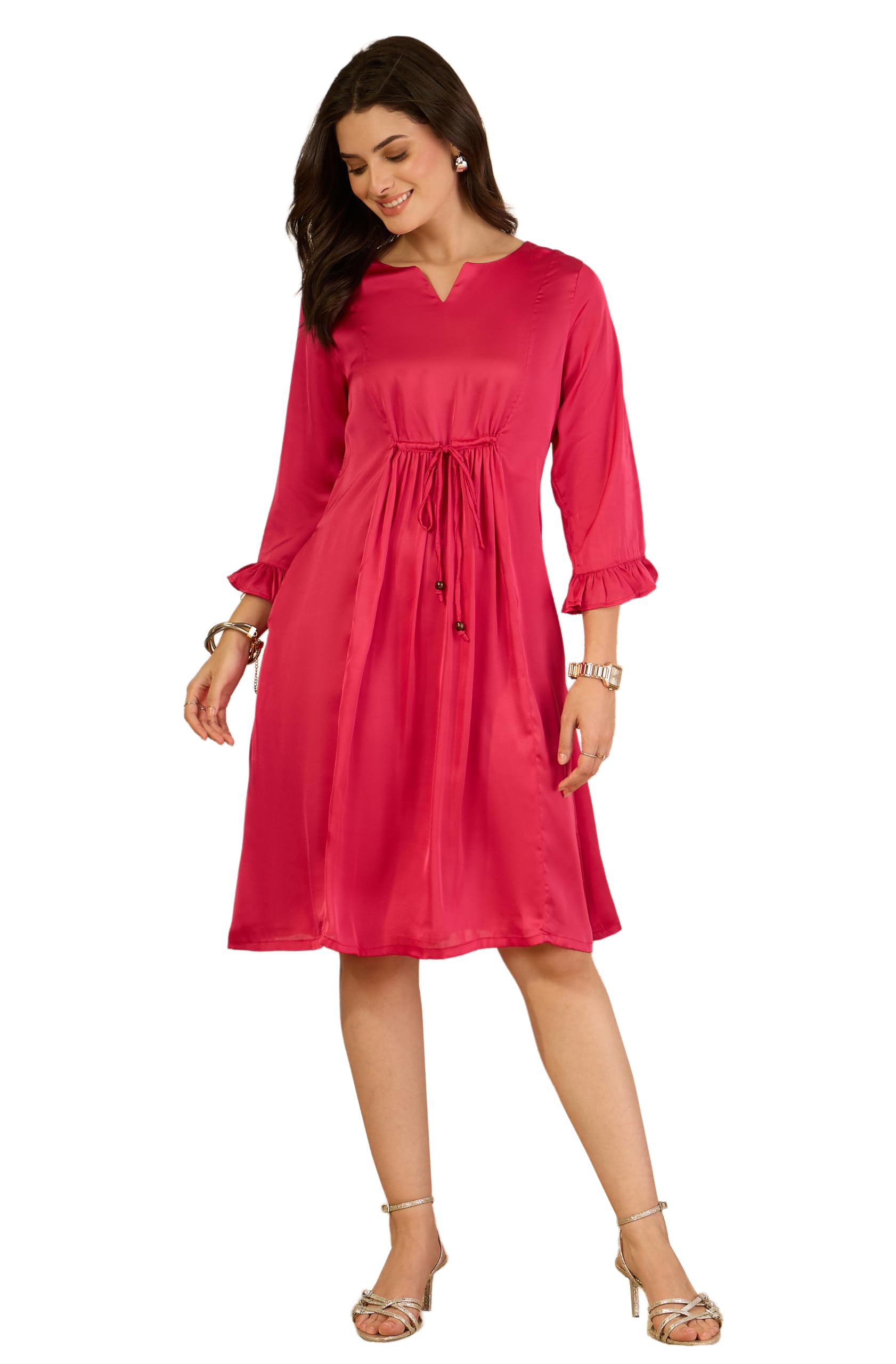janasya Women's Magenta Satin Solid A-Line Dress-picture-12