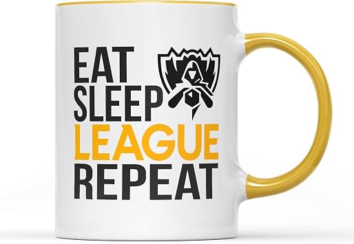 Eat Sleep League Repeat Mug Tea Caffeine Coffee Cup Novelty Fun Video Game Gamer Legends Multiplayer Online Battle Arena Character Combat Gift Present Yellow Handle