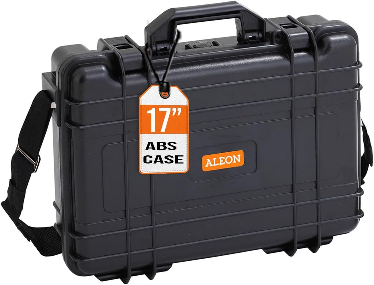 17-Inch Laptop Hard Shell Protective Case – Durable ABS Equipment Enclosure with High Impact Resistance, Tight Seal for Dust and Water Resistance, Black Box with Shoulder Strap, Foam Insert Included.