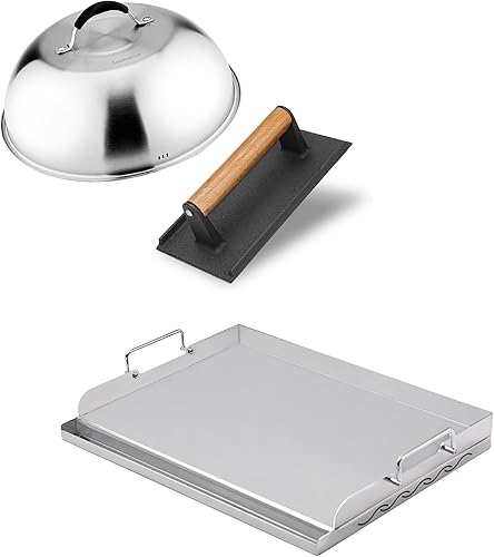 Skyflame Placa superior plana universal de acero inoxidable de 17 x 13 pulgadas con cubierta de acero inoxidable de 12 pulgadas y prensa de tocino