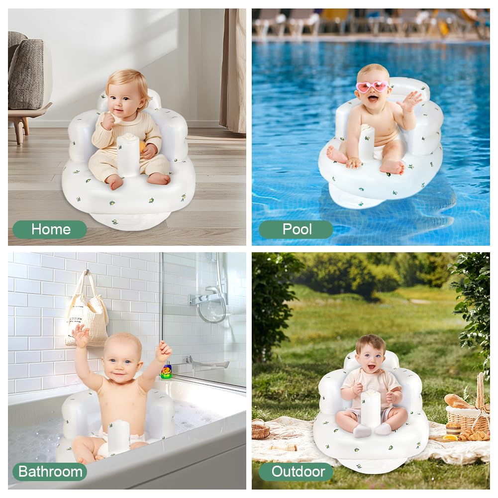 Aufblasbarer Babysitz, tragbarer aufblasbarer Babysofasitz mit eingebauter Luftpumpe, Kleinkind-Badesitz für Reisen über 3 Monate, Kleinkind-Bodensitz für Reisen, Olivenblüte