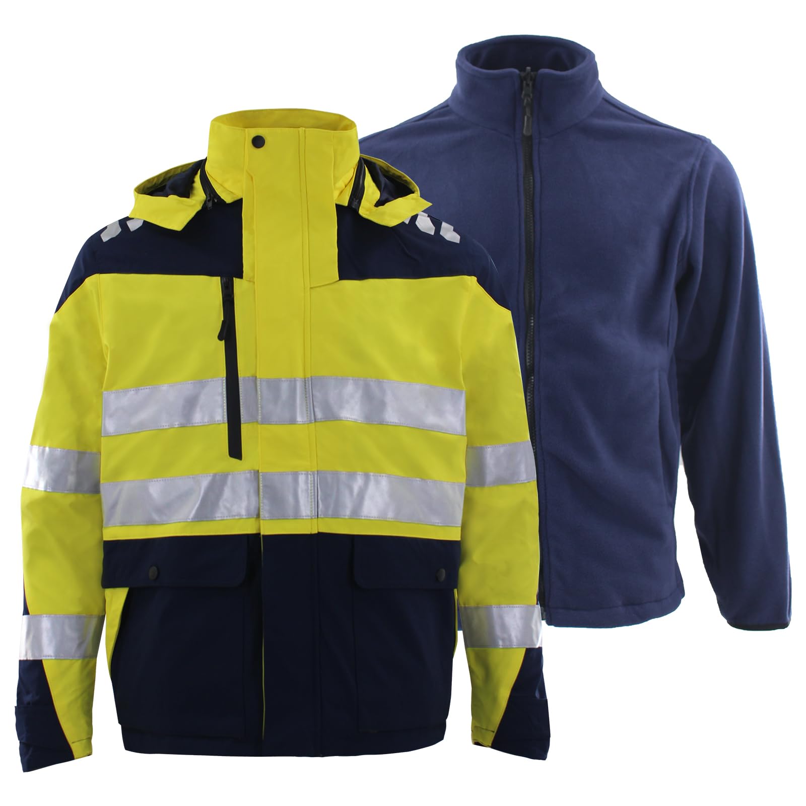 Zuolaya Safety Jacket for Men Reflective Cold Weather Hi-Vis Waterproof Softshell with Detachable Hood Construction Workwear, Yellow/Navy, 2XL