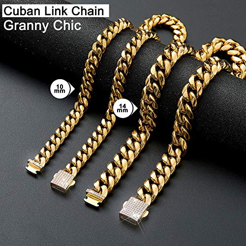 Granny Chic Cuban Link Chain Necklace Or Bracelet With Bling Bling Cubic Zirconia Iced-Out Clasp For Men Boys 10Mm 18K Gold Stainless Steel Hip Hop Miami Curb Chains(10Mm, 16") #TOP3