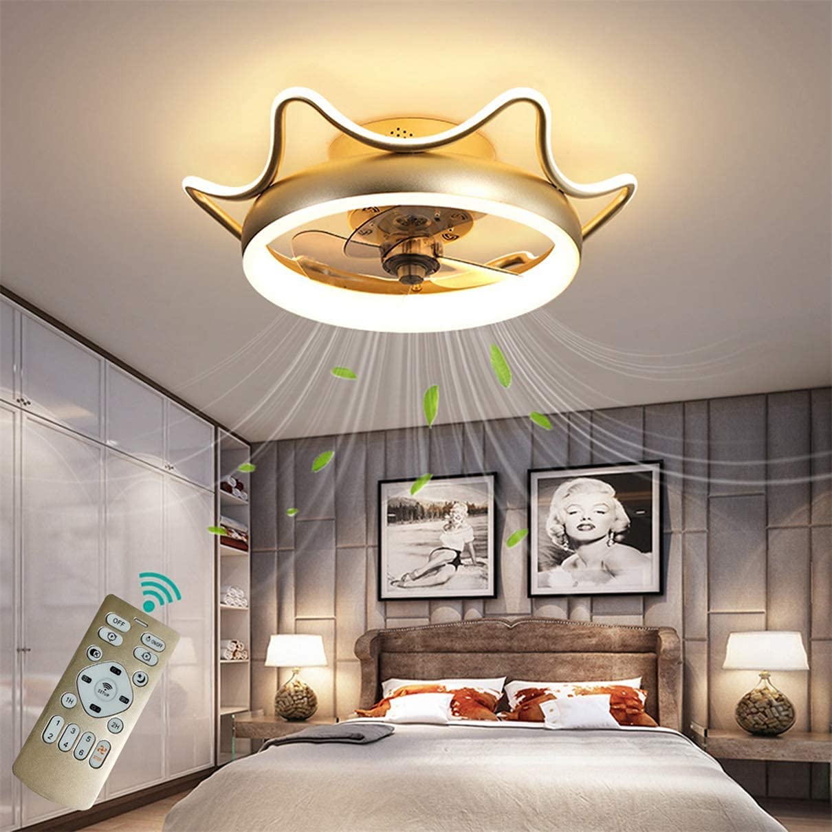 Ventilateur plafonnier avec LED pour chambre d'enfant lustre invisible dimmable or
