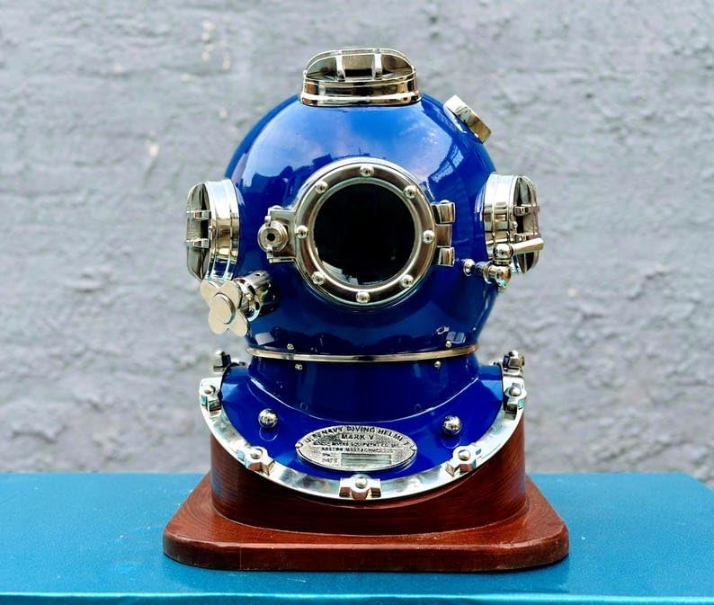 Scuba Diving Helmet with Wooden Base | US Navy Mark V Deep Sea Nautical Helmet | Maritime Ship's Decorative Helmet