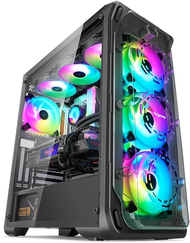 Angled view of the SEGOTEP LUX 360 case, showing the side and front acrylic panels and the overall structure.