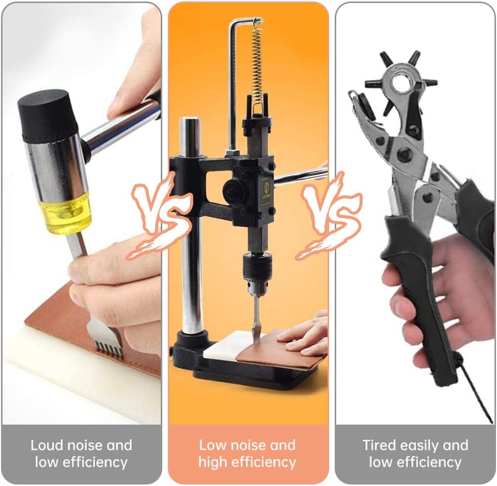 Leather Hole Puncher Hand Punching Machine Manual Press Puncher Punch Tools for DIY Leather Craft Punching Holes (with Chuck, PP Plate and Aluminum Plate) (Style D)